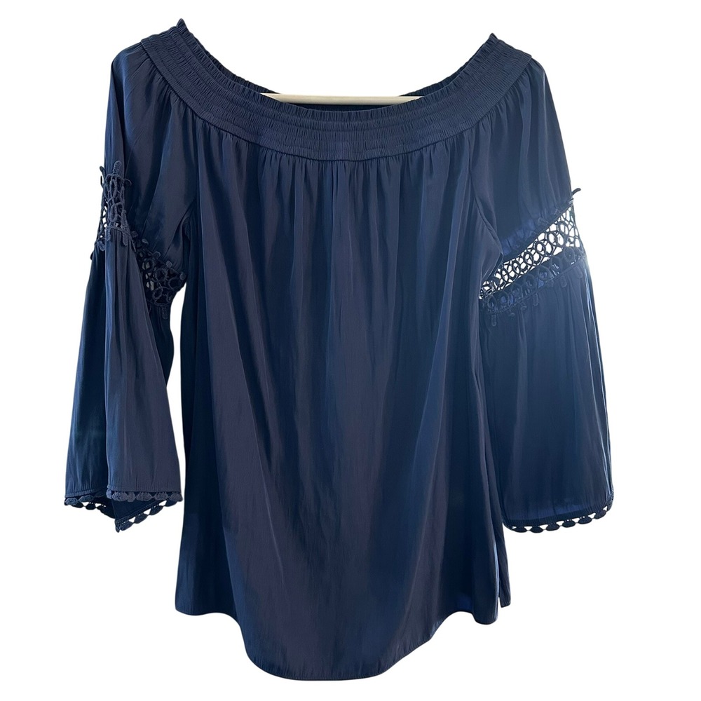 Chicos Navy Blue Off Shoulder Smocked Lace‎ Trim Bell Sleeve Top Size 0
